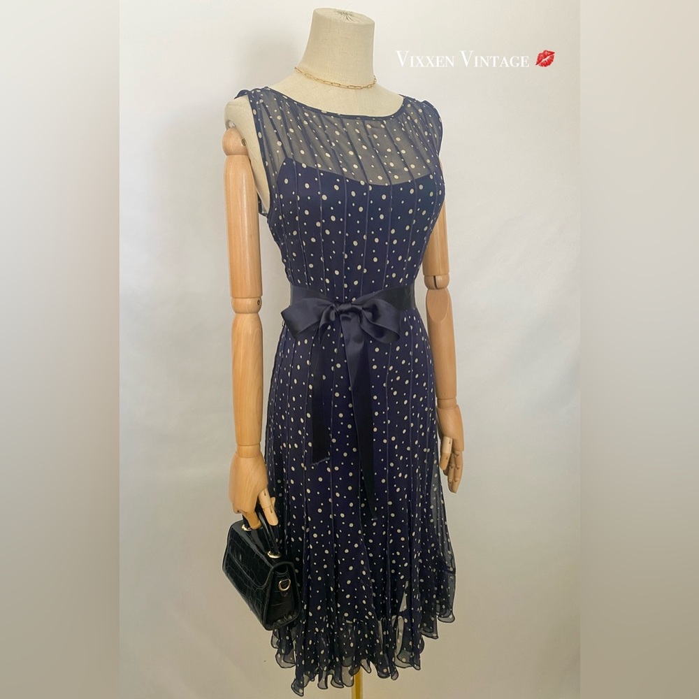 RICKIE FREEMAN X TERI JON 'POLKA DOT PINTUCK CHIFFON DRESS' IN NAVY
